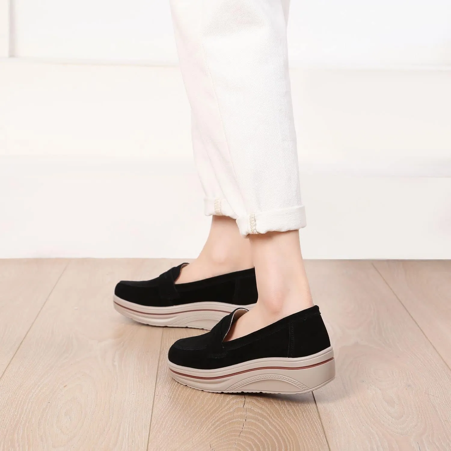 Veroders Women's Suede Wedge Loafers Slip-On Comfortable Penny Loafers Thick Soft Platform Shoes Business Work Walking
