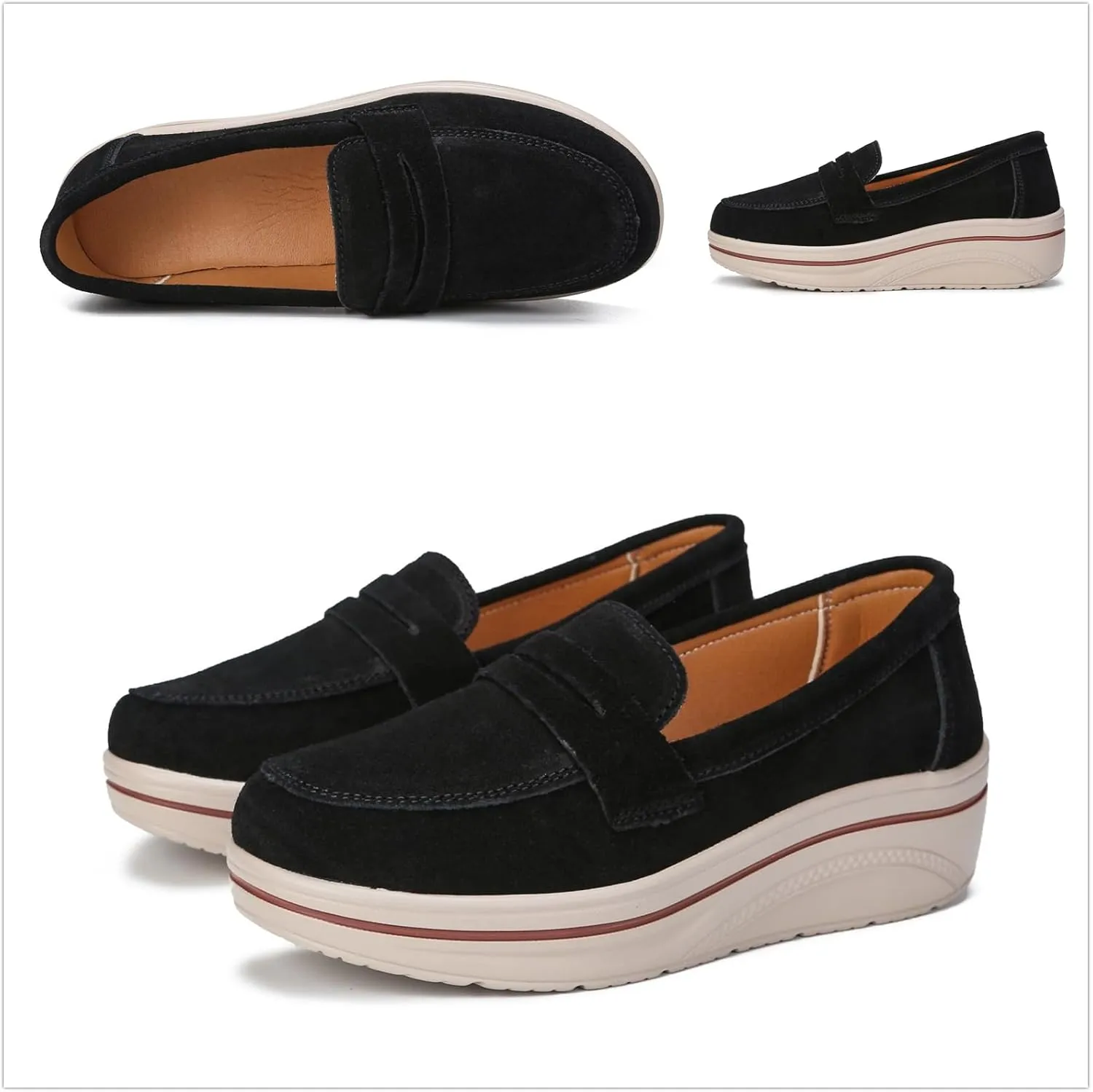 Veroders Women's Suede Wedge Loafers Slip-On Comfortable Penny Loafers Thick Soft Platform Shoes Business Work Walking