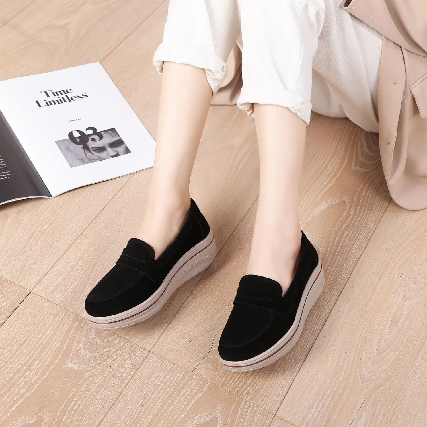 Veroders Women's Suede Wedge Loafers Slip-On Comfortable Penny Loafers Thick Soft Platform Shoes Business Work Walking