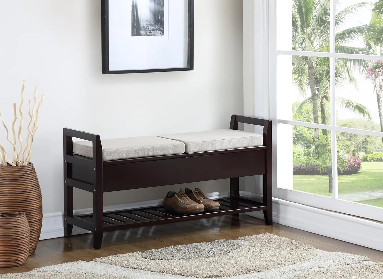 Versatile Espresso Storage Shoe Bench with Comfortable Seating, Two Storage Lids, and Under-Bench Shoe Rack
