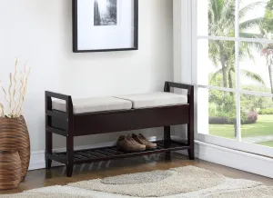 Versatile Espresso Storage Shoe Bench with Comfortable Seating, Two Storage Lids, and Under-Bench Shoe Rack