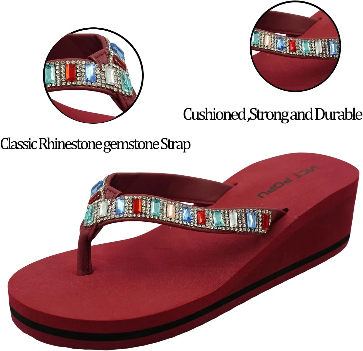 VICT POPU Flip Flops Sandals for Women Bling Rhinestones Jewel High Heel Arch Support Comfortable Soft Cushion Wedge Slip-on Casual Platform Summer Thong Sandals