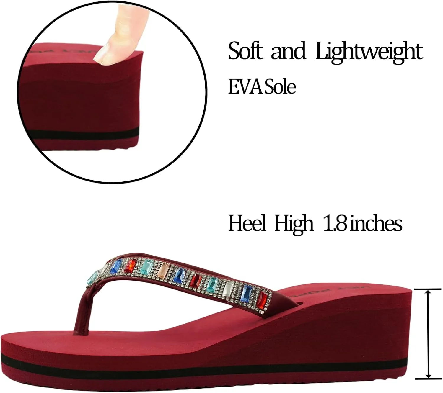 VICT POPU Flip Flops Sandals for Women Bling Rhinestones Jewel High Heel Arch Support Comfortable Soft Cushion Wedge Slip-on Casual Platform Summer Thong Sandals