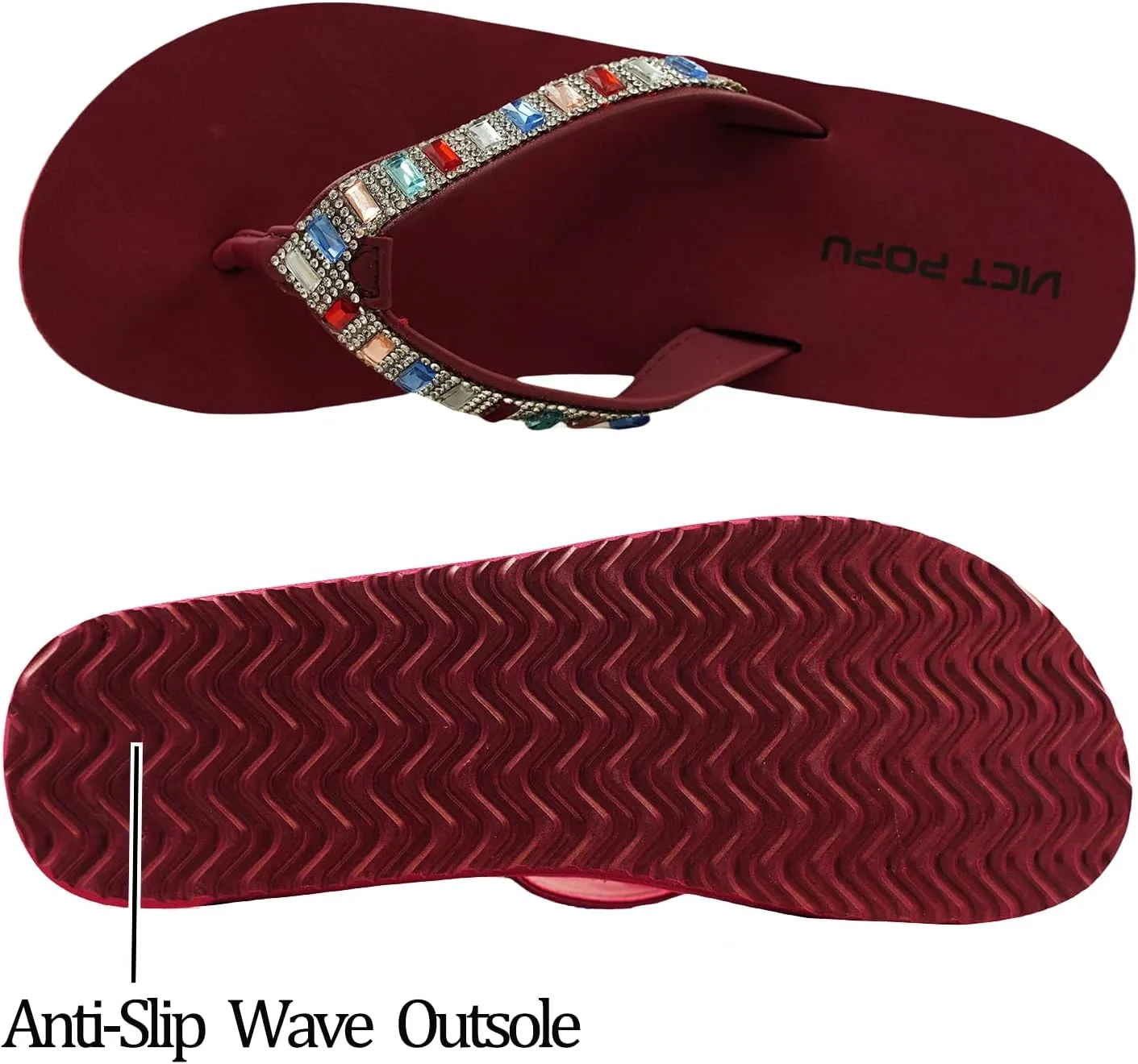 VICT POPU Flip Flops Sandals for Women Bling Rhinestones Jewel High Heel Arch Support Comfortable Soft Cushion Wedge Slip-on Casual Platform Summer Thong Sandals