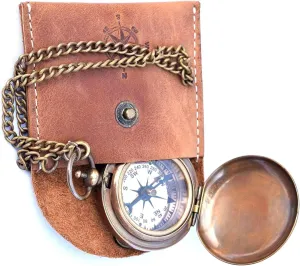 Vintage Brass Pocket Compass with Leather Case, Antique Bronze Chain, Nautical Navigation Compass, Maritime Directional Tool
