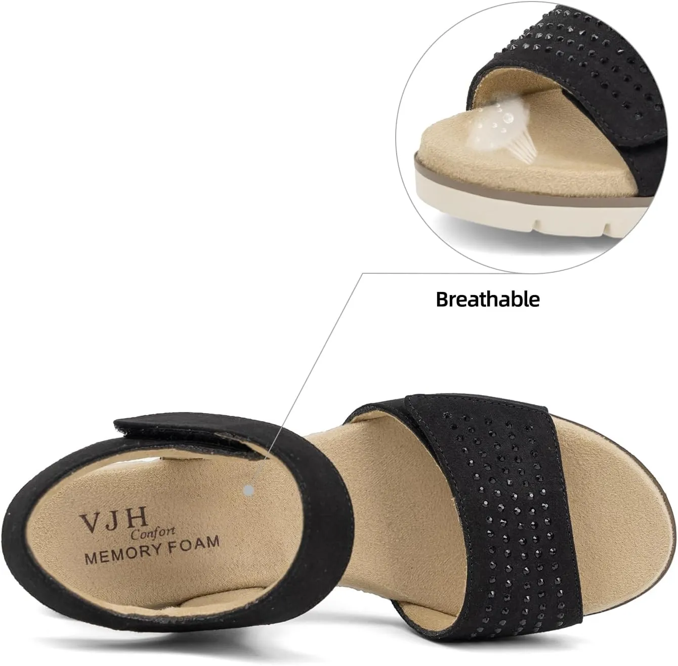 VJH confort Women's Wedge Sandals, Comfort Memory Foam Rhinestone Sandal with Adjustable straps