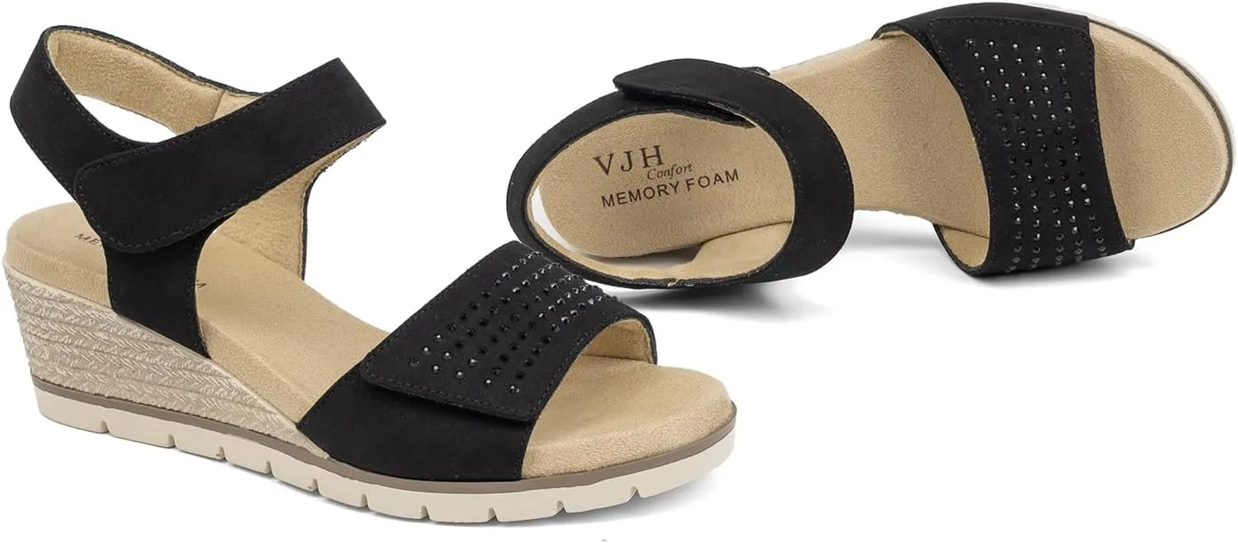 VJH confort Women's Wedge Sandals, Comfort Memory Foam Rhinestone Sandal with Adjustable straps