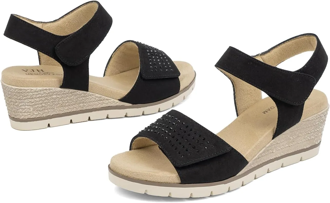 VJH confort Women's Wedge Sandals, Comfort Memory Foam Rhinestone Sandal with Adjustable straps