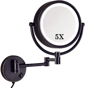 Wall Mounted Makeup Mirror, 5X Magnification, LED Light, 360° Rotation, Bronze/Gold Finish