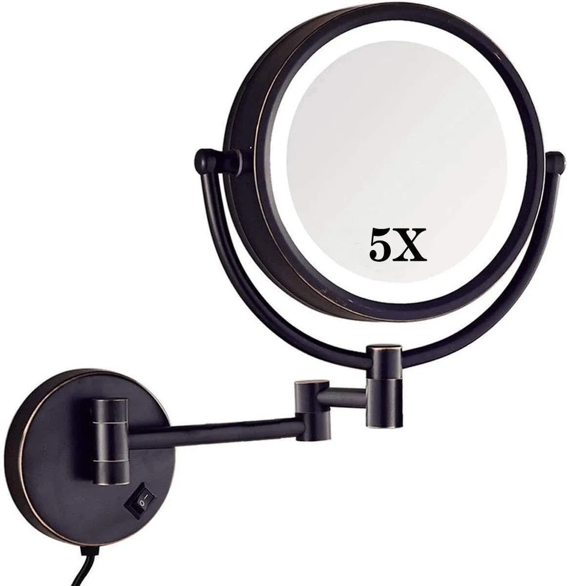 Wall Mounted Makeup Mirror, 5X Magnification, LED Light, 360° Rotation, Bronze/Gold Finish