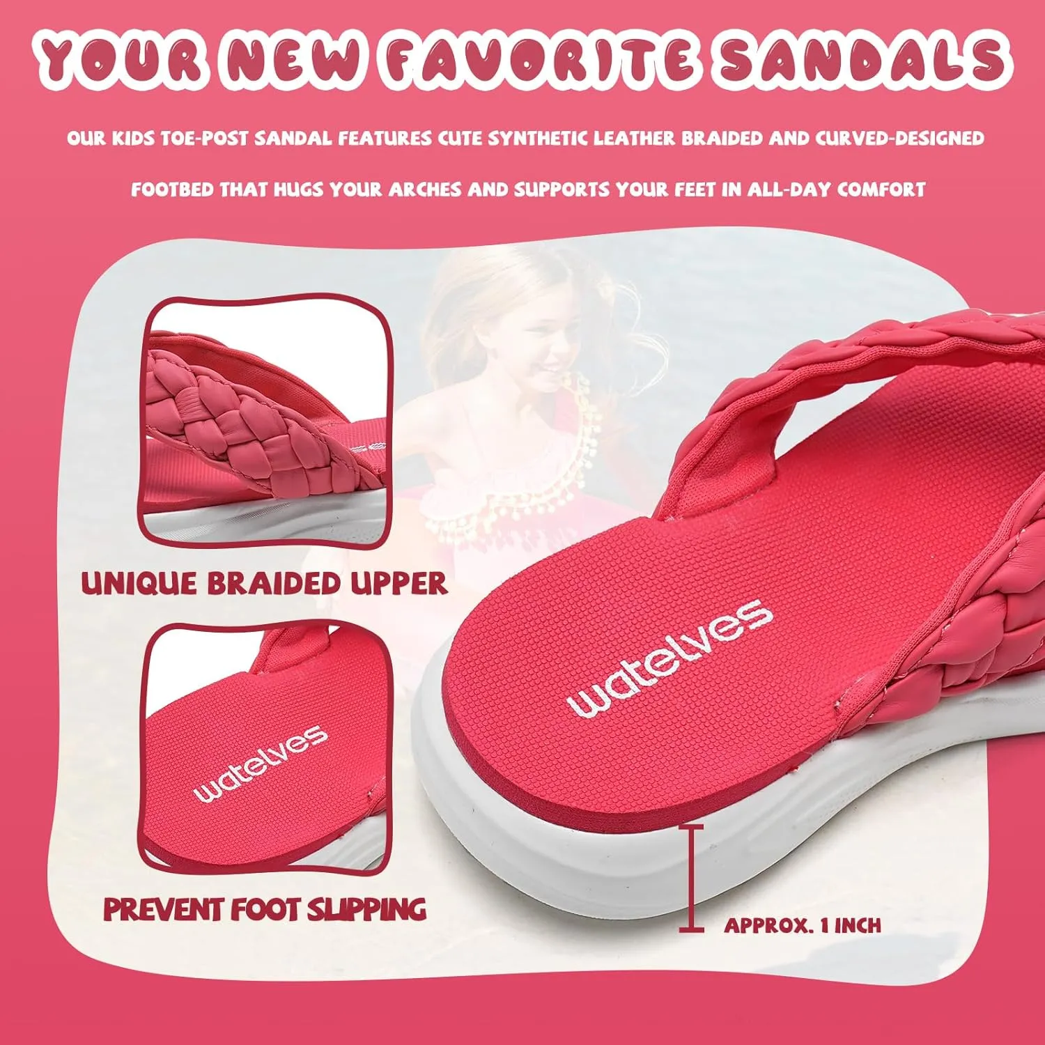 WateLves Girls Flip Flops Non-Slip Casual Thong Sandals Summer Sandal Shoes for Beach Swim Pool (Little Kid/Big Kid)