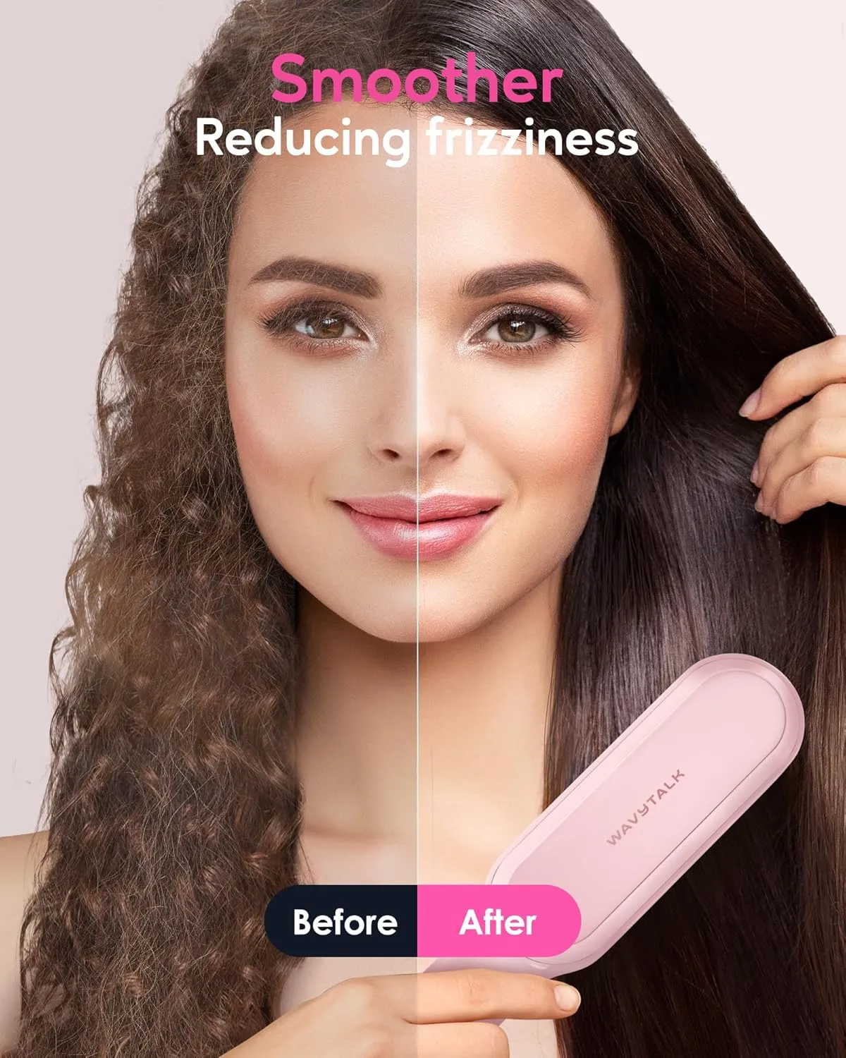 Wavytalk Hair Straightener Brush, Sleek Sweep Ionic Straightening Brush with 6 Temperature Adjust, Anti-Scald Ceramic Straightening Comb Fast Heating for Home Salon, Dual Voltage Pink.