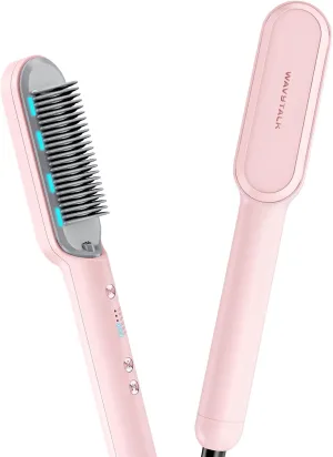 Wavytalk Hair Straightener Brush, Sleek Sweep Ionic Straightening Brush with 6 Temperature Adjust, Anti-Scald Ceramic Straightening Comb Fast Heating for Home Salon, Dual Voltage Pink.