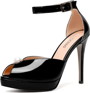 WAYDERNS Womens Dress Patent Buckle Ankle Strap Wedding Peep Toe Platform Stiletto High Heel Pumps Shoes 4.7 Inch