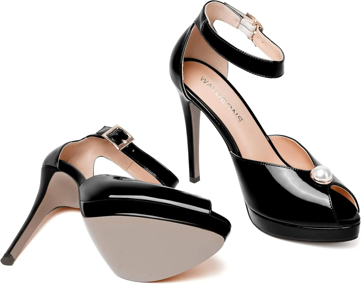 WAYDERNS Womens Dress Patent Buckle Ankle Strap Wedding Peep Toe Platform Stiletto High Heel Pumps Shoes 4.7 Inch