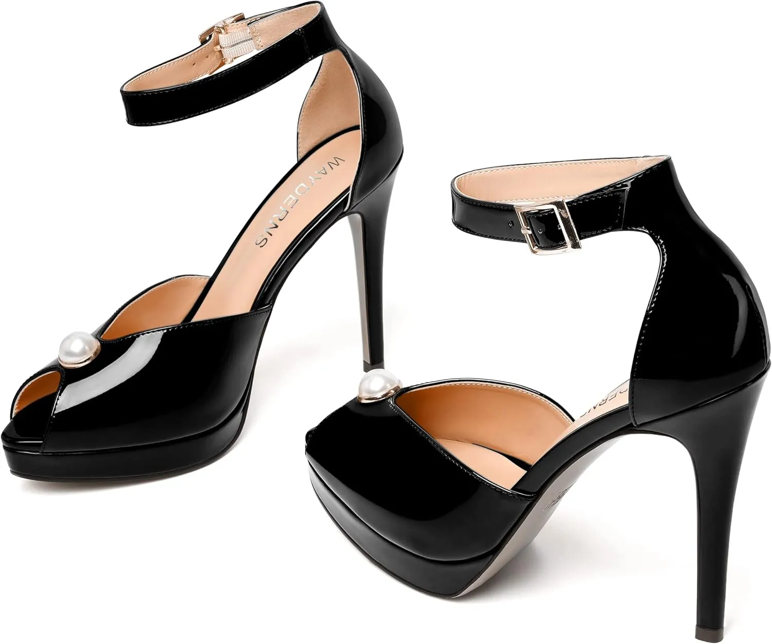 WAYDERNS Womens Dress Patent Buckle Ankle Strap Wedding Peep Toe Platform Stiletto High Heel Pumps Shoes 4.7 Inch