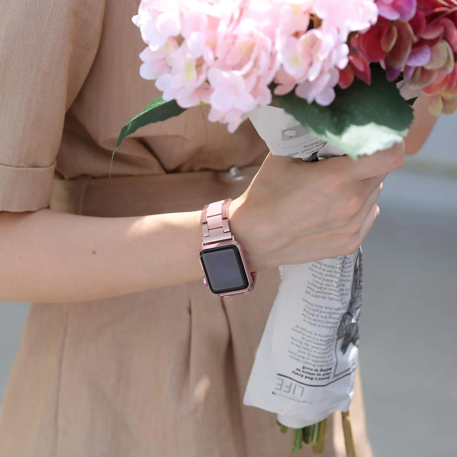 Wearlizer Rose Pink Compatible with Apple Watch Band 38mm 40mm 41mm Womens Mens Replacement, Stainless Steel Strap Fashion Resin Wristband Sleek Bracelet Metal iWatch Ultra2/SE/10/9/8/7/6/5/4/3/2/1