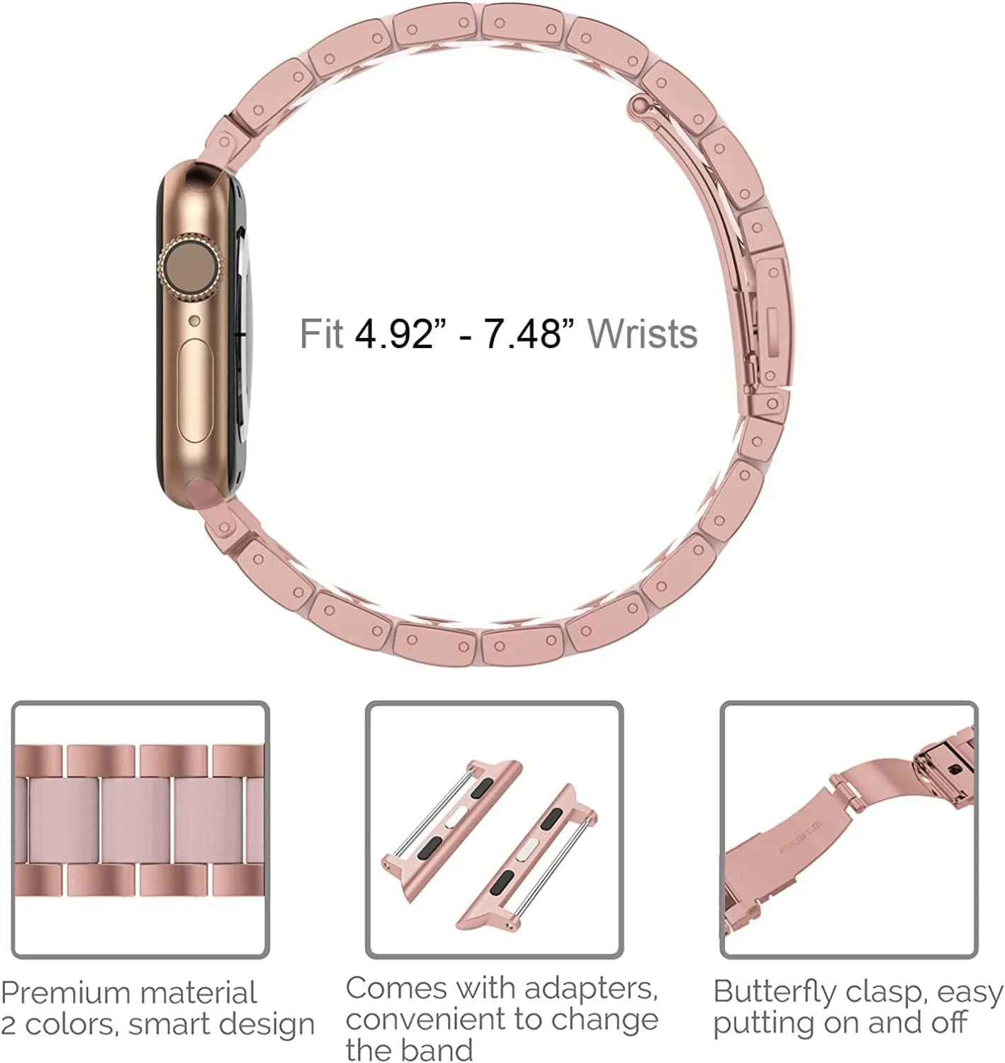 Wearlizer Rose Pink Compatible with Apple Watch Band 38mm 40mm 41mm Womens Mens Replacement, Stainless Steel Strap Fashion Resin Wristband Sleek Bracelet Metal iWatch Ultra2/SE/10/9/8/7/6/5/4/3/2/1