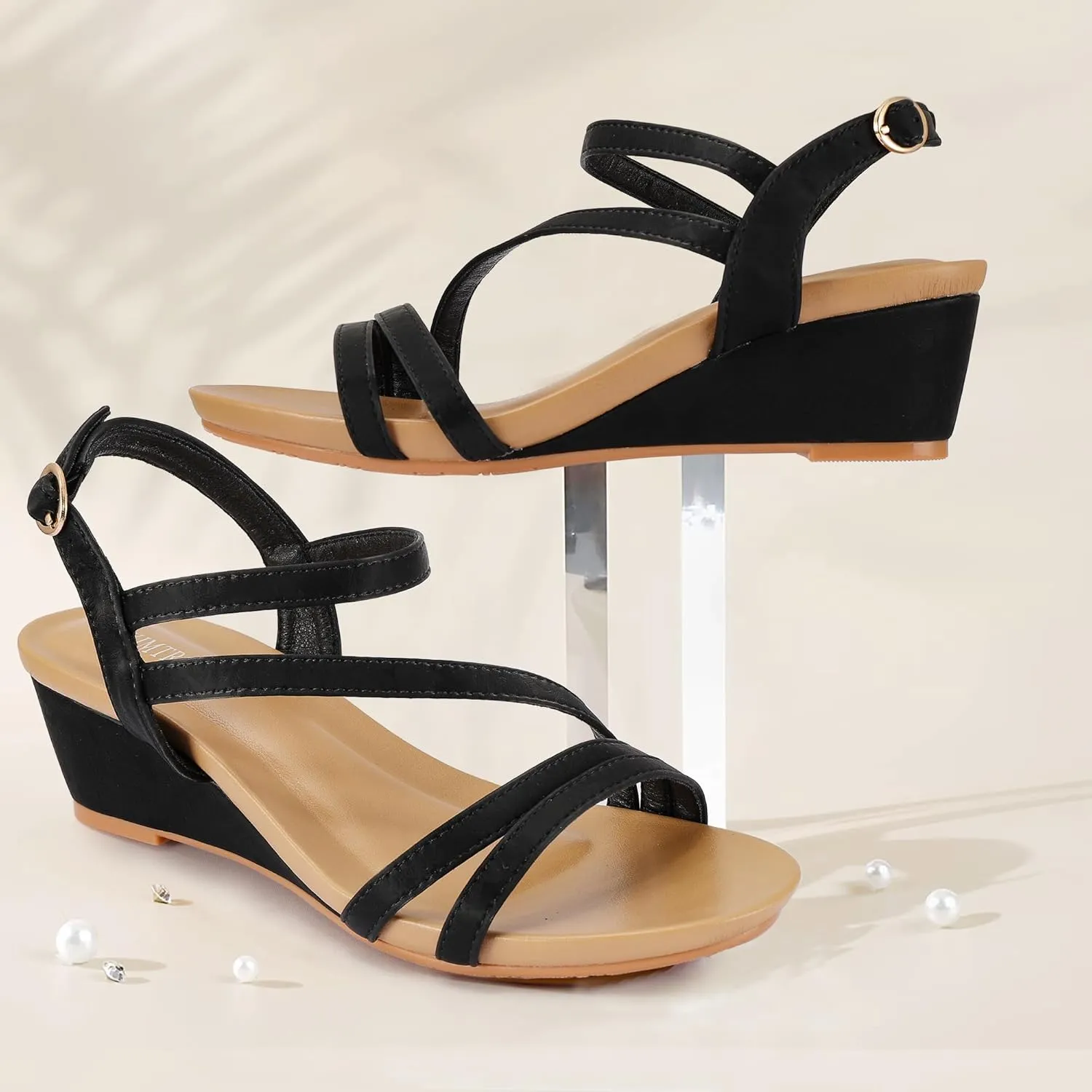 Wedge Sandals for Women Dress Elastic Ankle Strap Rhinestone Sandals Summer Comfortable Shoe
