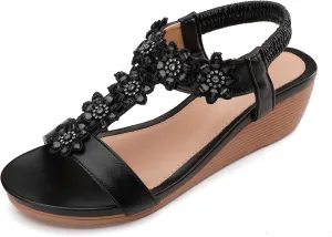 Wedge Sandals for Women Dress Elastic Ankle Strap Rhinestone Sandals Summer Comfortable Shoe