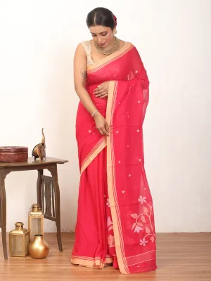 White Cotton Mul Sandal Border Red Butis Jamdani And Handloom High-performance Tomato Piping With Saree Fulia Free gift with purchase