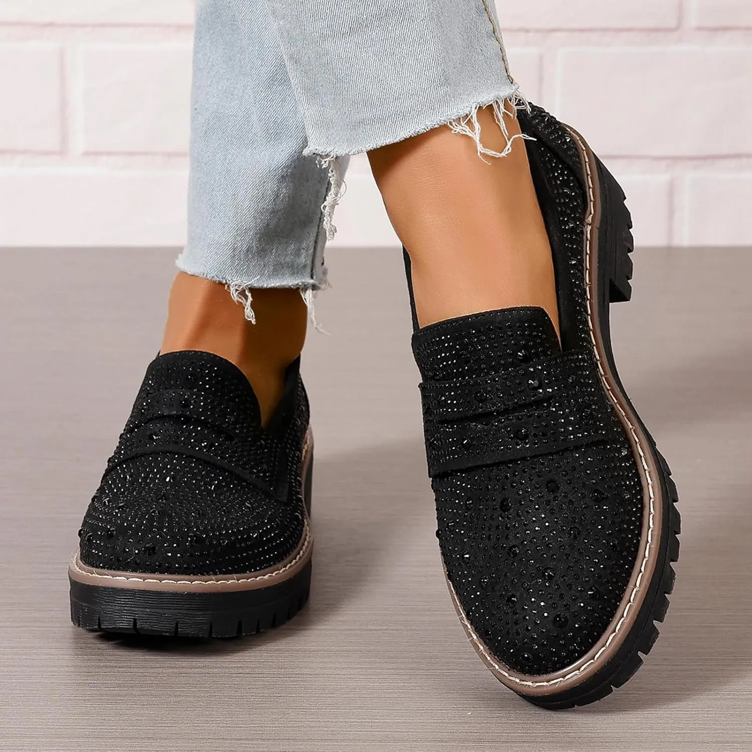 Women Chunky Loafers Rhinestone Round Toe Platform Loafers Comfort Work Office Business Dressy Pumps Loafers
