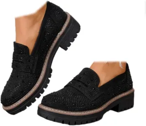 Women Chunky Loafers Rhinestone Round Toe Platform Loafers Comfort Work Office Business Dressy Pumps Loafers