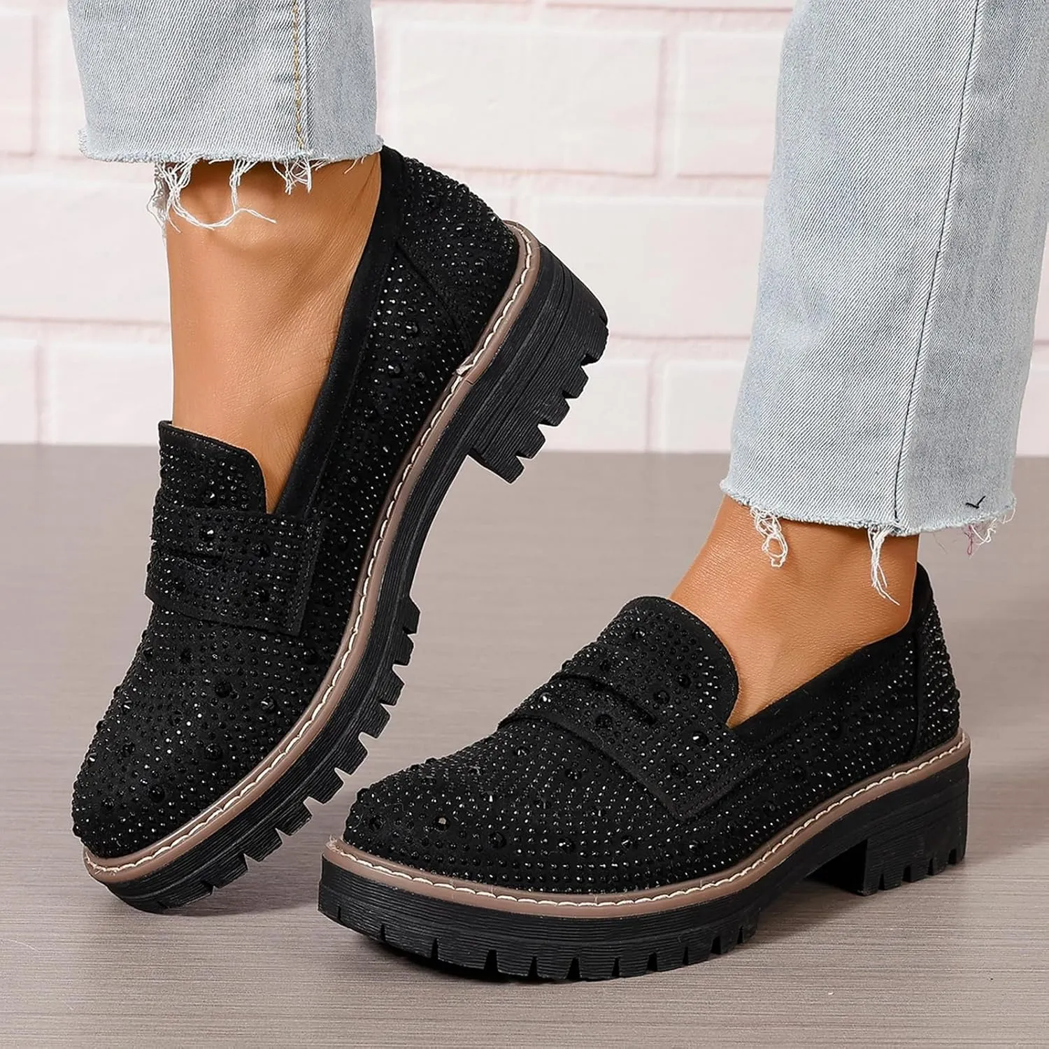 Women Chunky Loafers Rhinestone Round Toe Platform Loafers Comfort Work Office Business Dressy Pumps Loafers