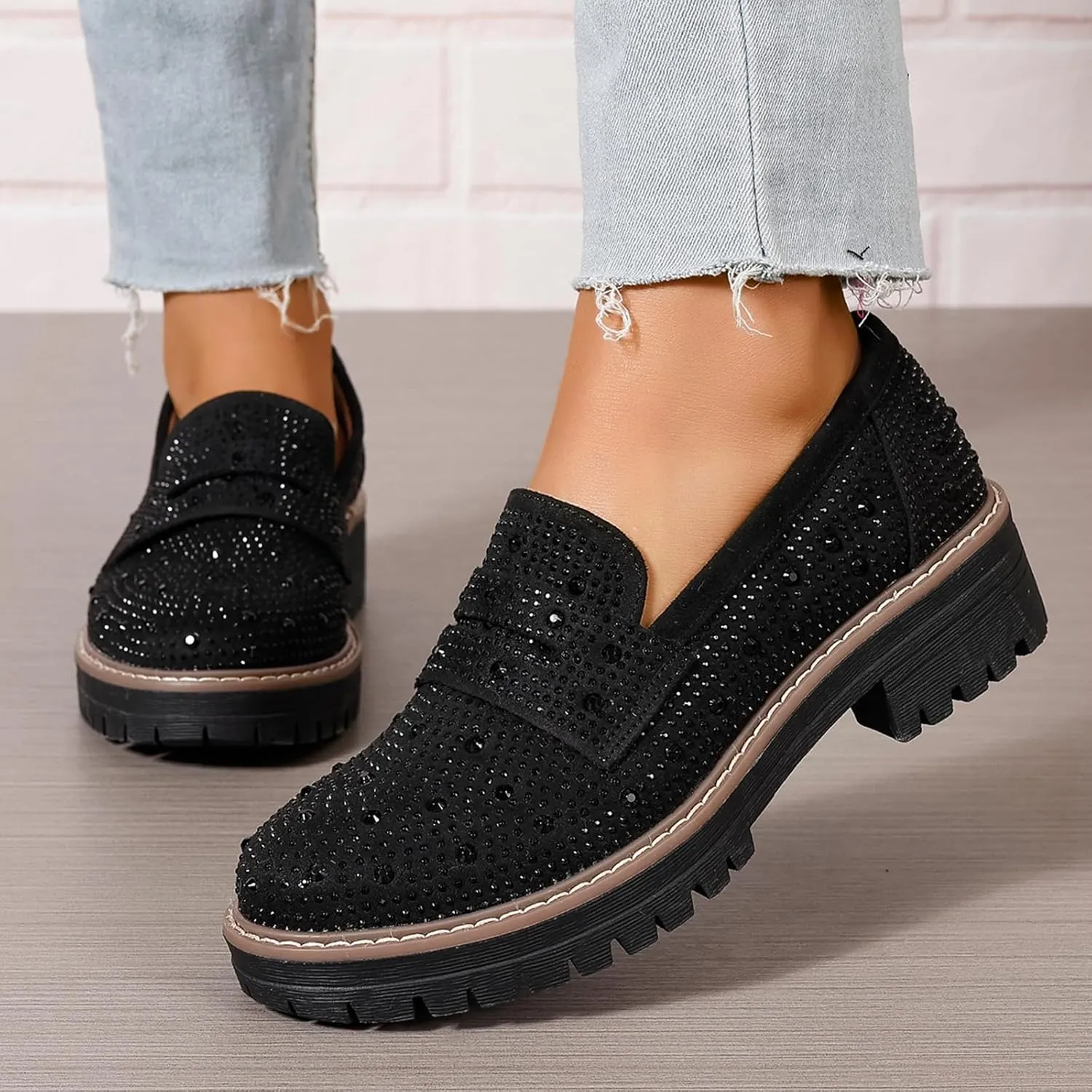 Women Chunky Loafers Rhinestone Round Toe Platform Loafers Comfort Work Office Business Dressy Pumps Loafers