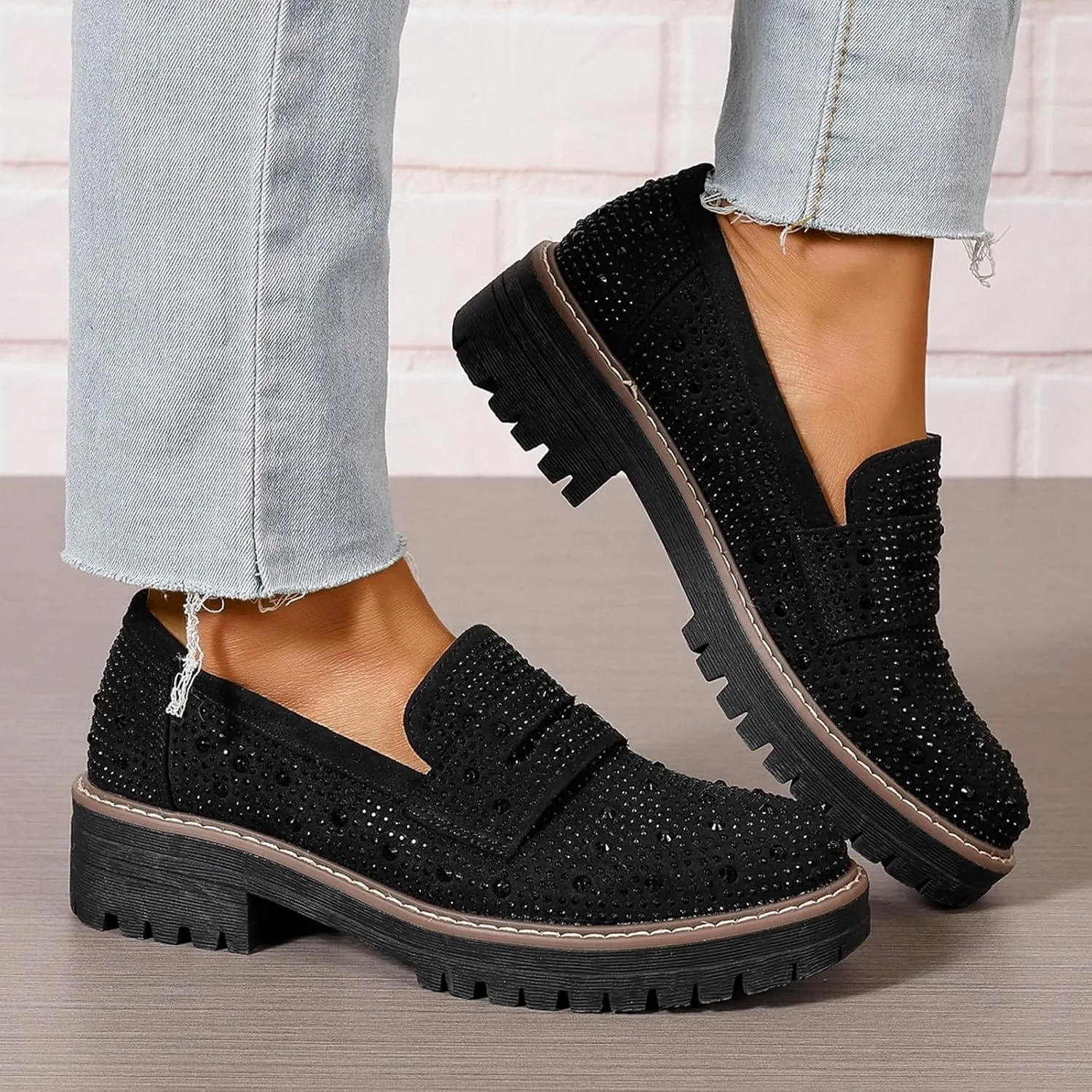 Women Chunky Loafers Rhinestone Round Toe Platform Loafers Comfort Work Office Business Dressy Pumps Loafers