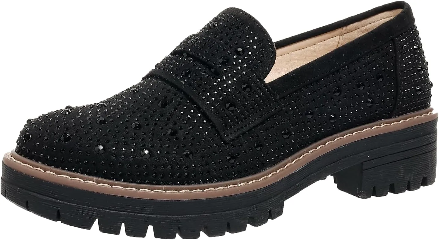 Women Chunky Loafers Rhinestone Round Toe Platform Loafers Comfort Work Office Business Dressy Pumps Loafers