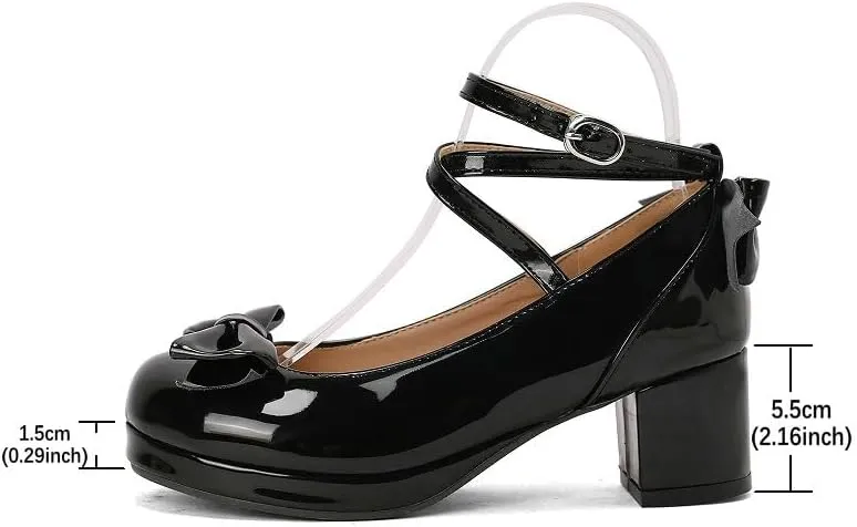 Women Lolita Pumps Comfortable Chunky Medium Heel Kawaii Platform Shoes Strappy Bowknot Decort