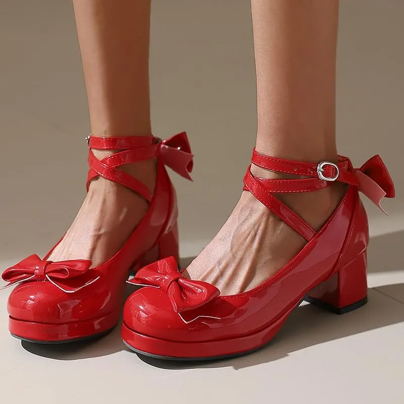 Women Lolita Pumps Comfortable Chunky Medium Heel Kawaii Platform Shoes Strappy Bowknot Decort