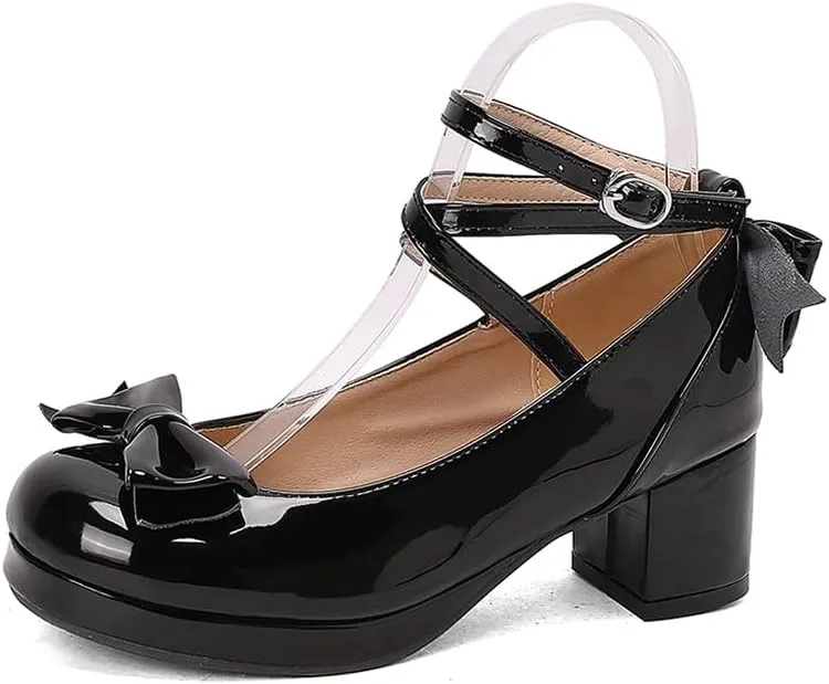 Women Lolita Pumps Comfortable Chunky Medium Heel Kawaii Platform Shoes Strappy Bowknot Decort