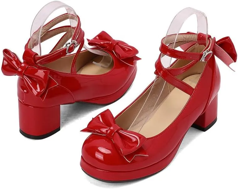 Women Lolita Pumps Comfortable Chunky Medium Heel Kawaii Platform Shoes Strappy Bowknot Decort