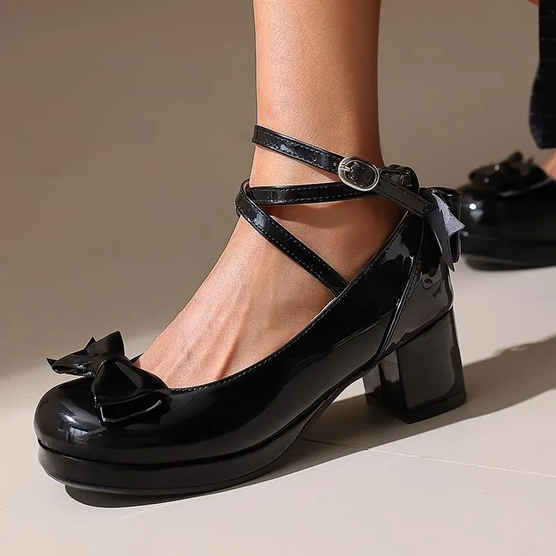 Women Lolita Pumps Comfortable Chunky Medium Heel Kawaii Platform Shoes Strappy Bowknot Decort