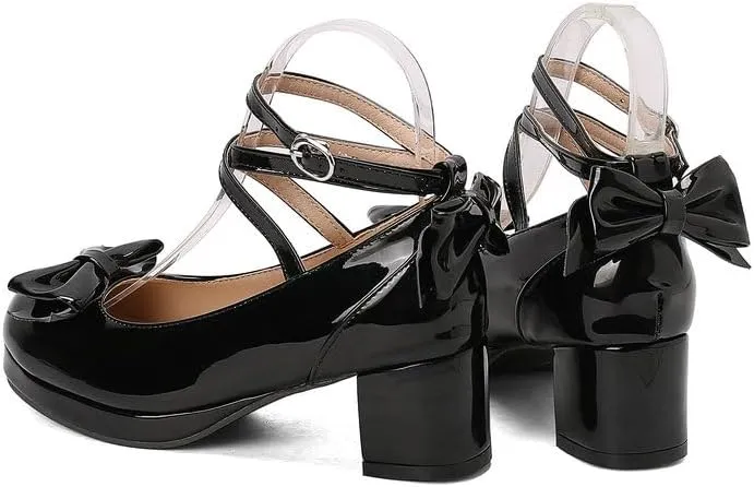 Women Lolita Pumps Comfortable Chunky Medium Heel Kawaii Platform Shoes Strappy Bowknot Decort