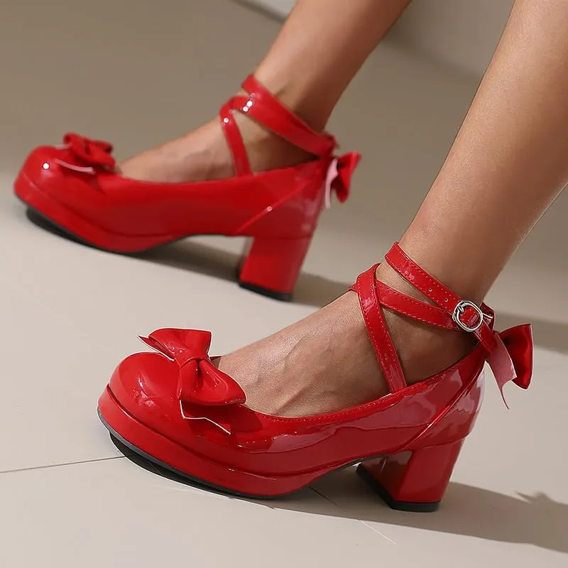 Women Lolita Pumps Comfortable Chunky Medium Heel Kawaii Platform Shoes Strappy Bowknot Decort