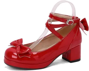 Women Lolita Pumps Comfortable Chunky Medium Heel Kawaii Platform Shoes Strappy Bowknot Decort