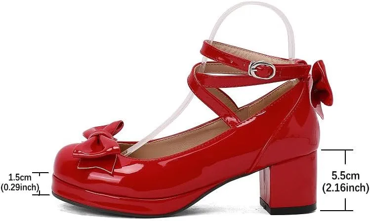 Women Lolita Pumps Comfortable Chunky Medium Heel Kawaii Platform Shoes Strappy Bowknot Decort