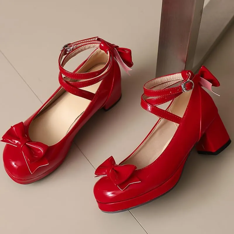Women Lolita Pumps Comfortable Chunky Medium Heel Kawaii Platform Shoes Strappy Bowknot Decort