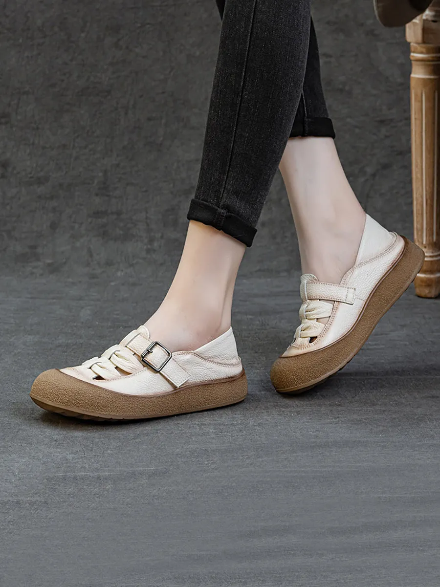 Women Retro Soft Leather Spliced Flat Shoes