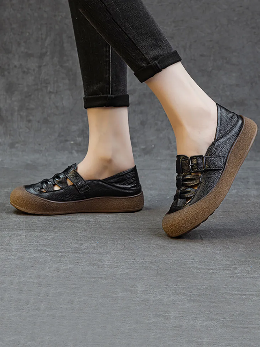 Women Retro Soft Leather Spliced Flat Shoes