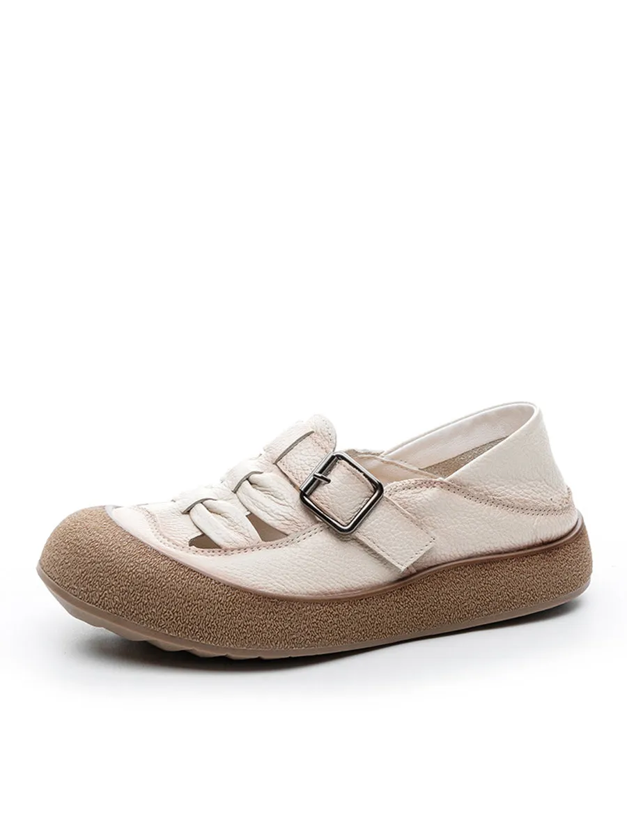 Women Retro Soft Leather Spliced Flat Shoes