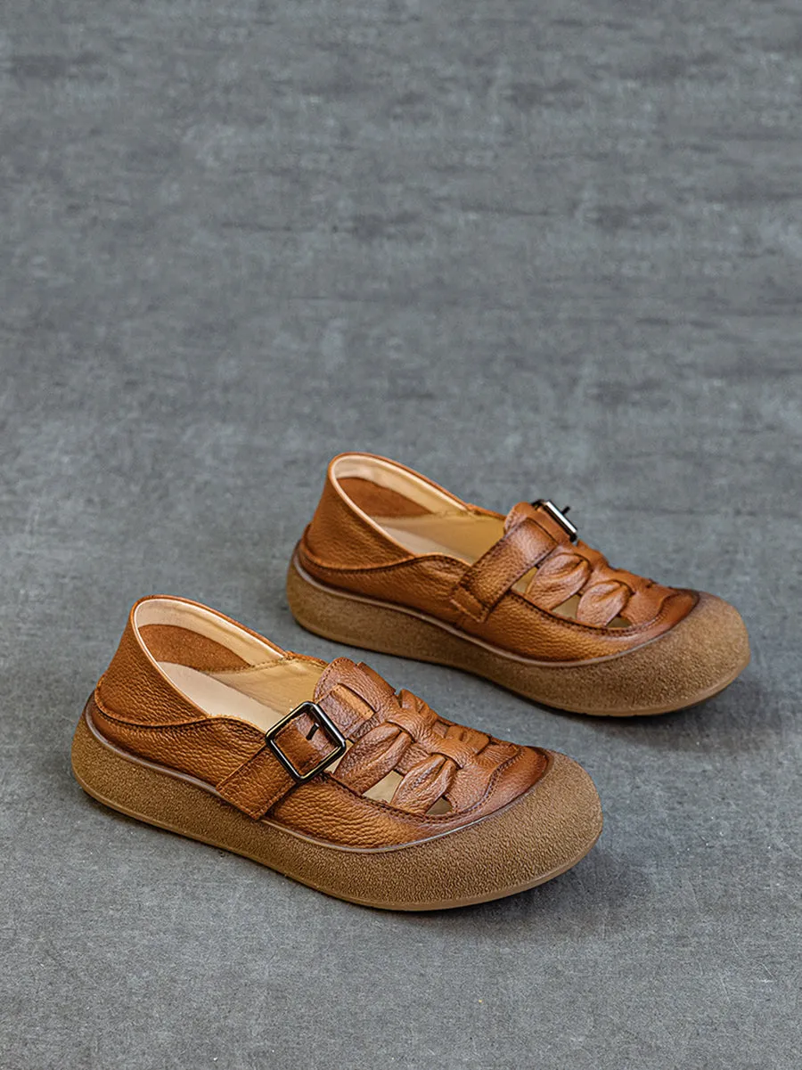 Women Retro Soft Leather Spliced Flat Shoes