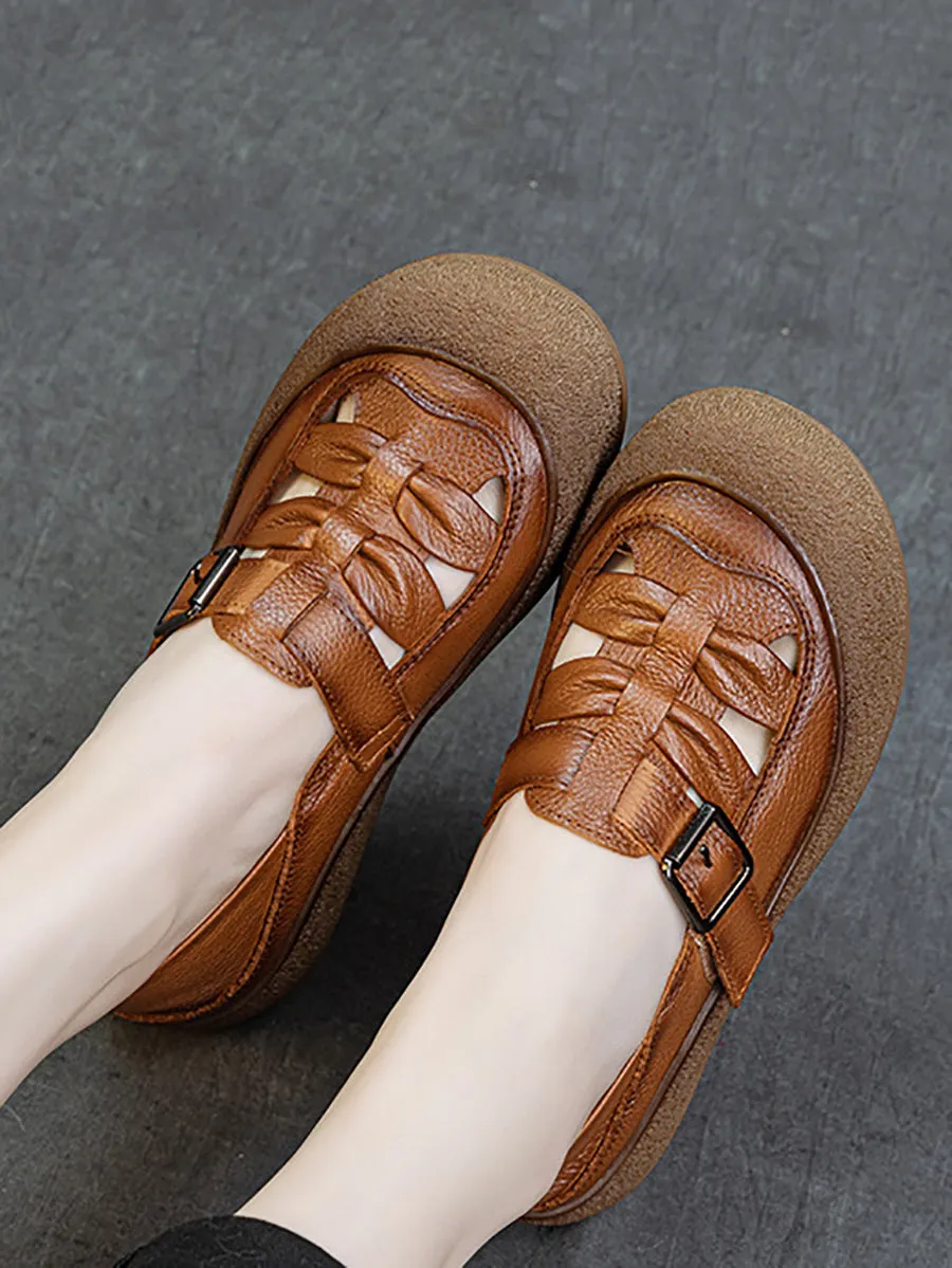Women Retro Soft Leather Spliced Flat Shoes
