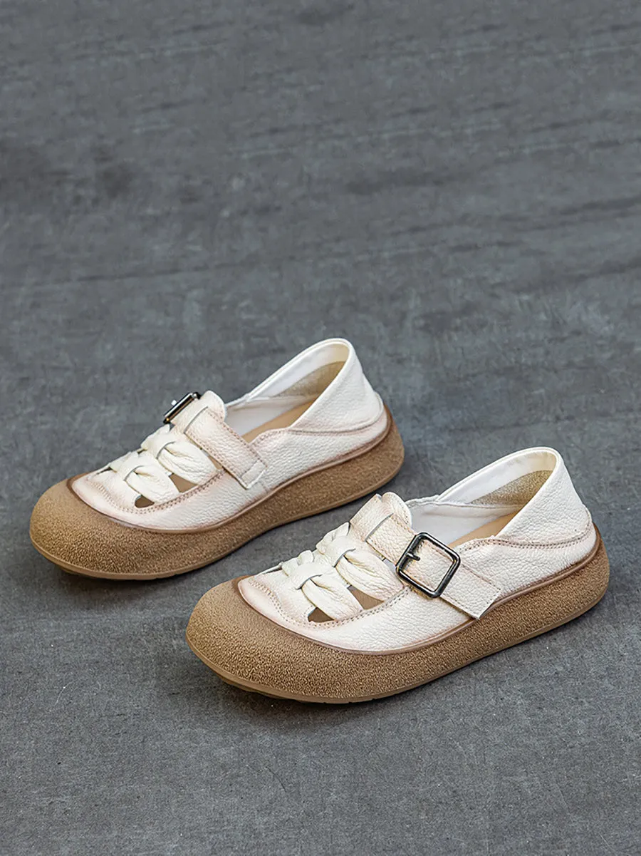 Women Retro Soft Leather Spliced Flat Shoes