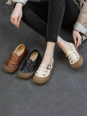 Women Retro Soft Leather Spliced Flat Shoes