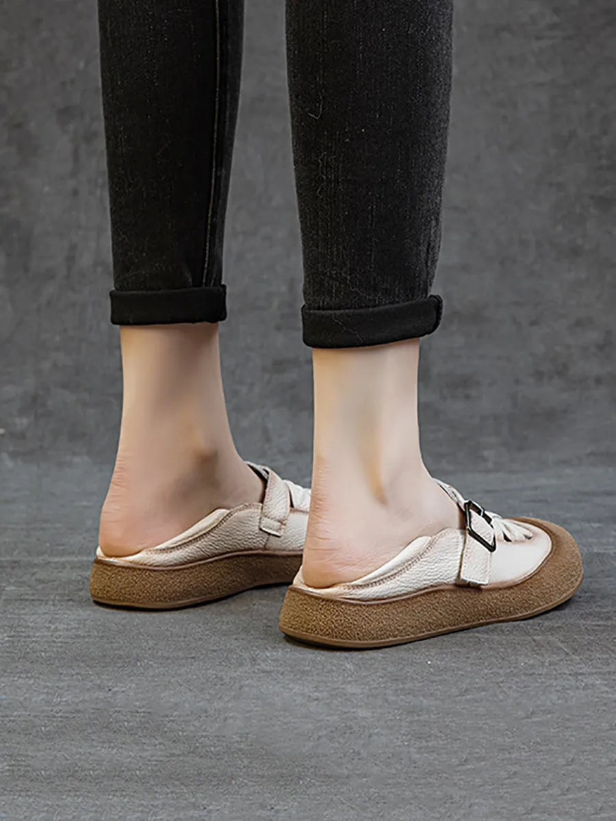 Women Retro Soft Leather Spliced Flat Shoes