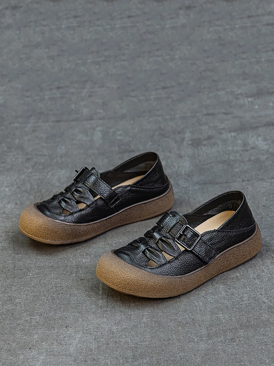 Women Retro Soft Leather Spliced Flat Shoes
